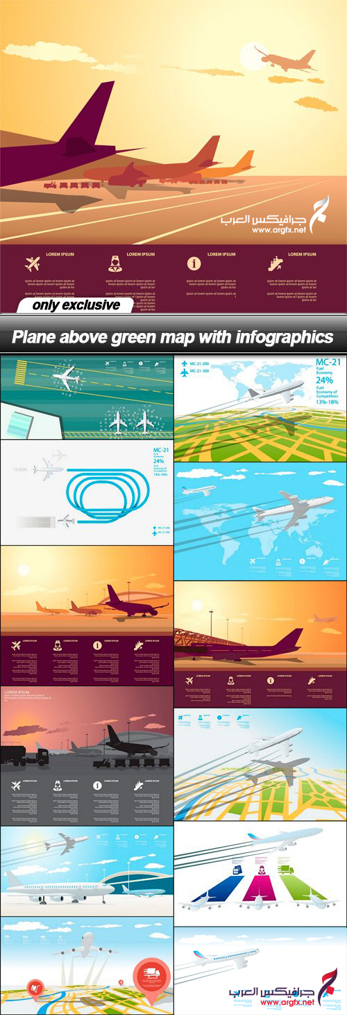  Plane above green map with infographics - 13 EPS