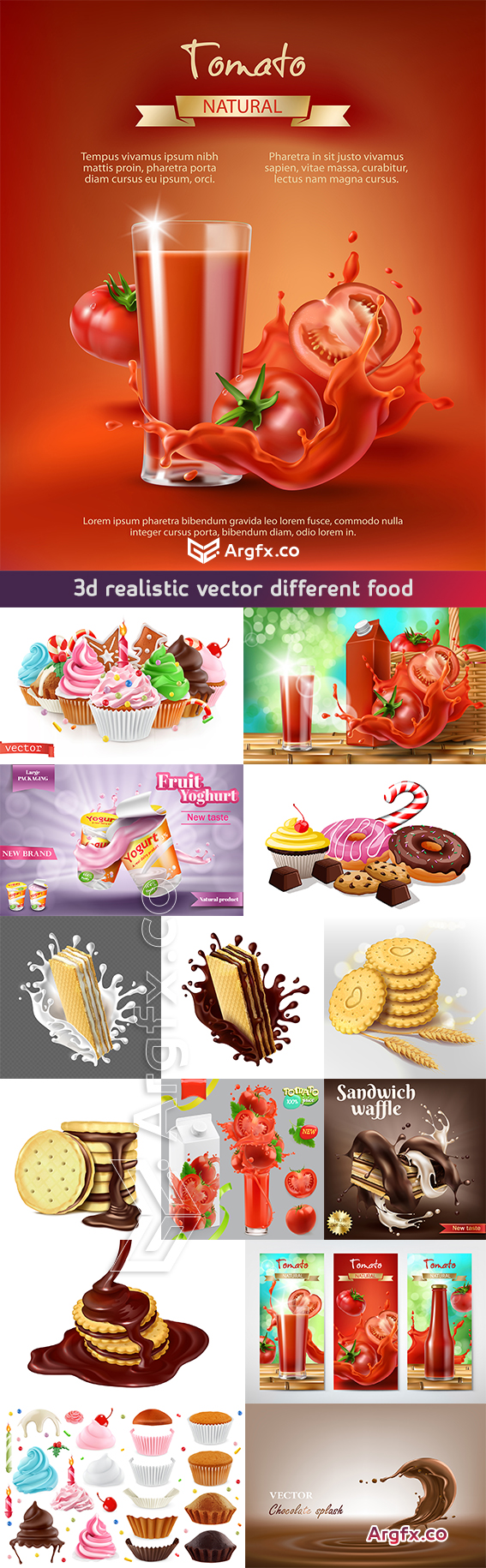  3d realistic vector different food, sweet dessert, cake, cupcake, chocolate, juice