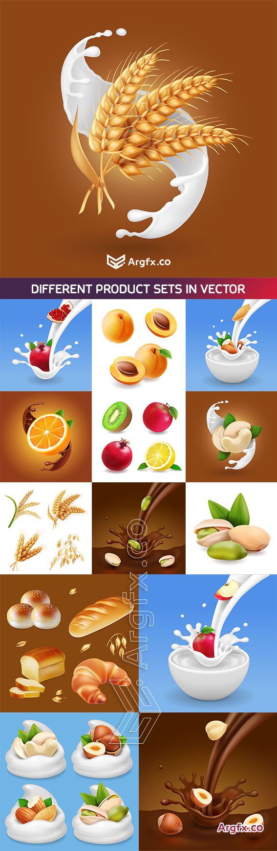  Different product sets in vector, pistachio nut in liquid chocolate, berries in milk splash, bread, bakery
